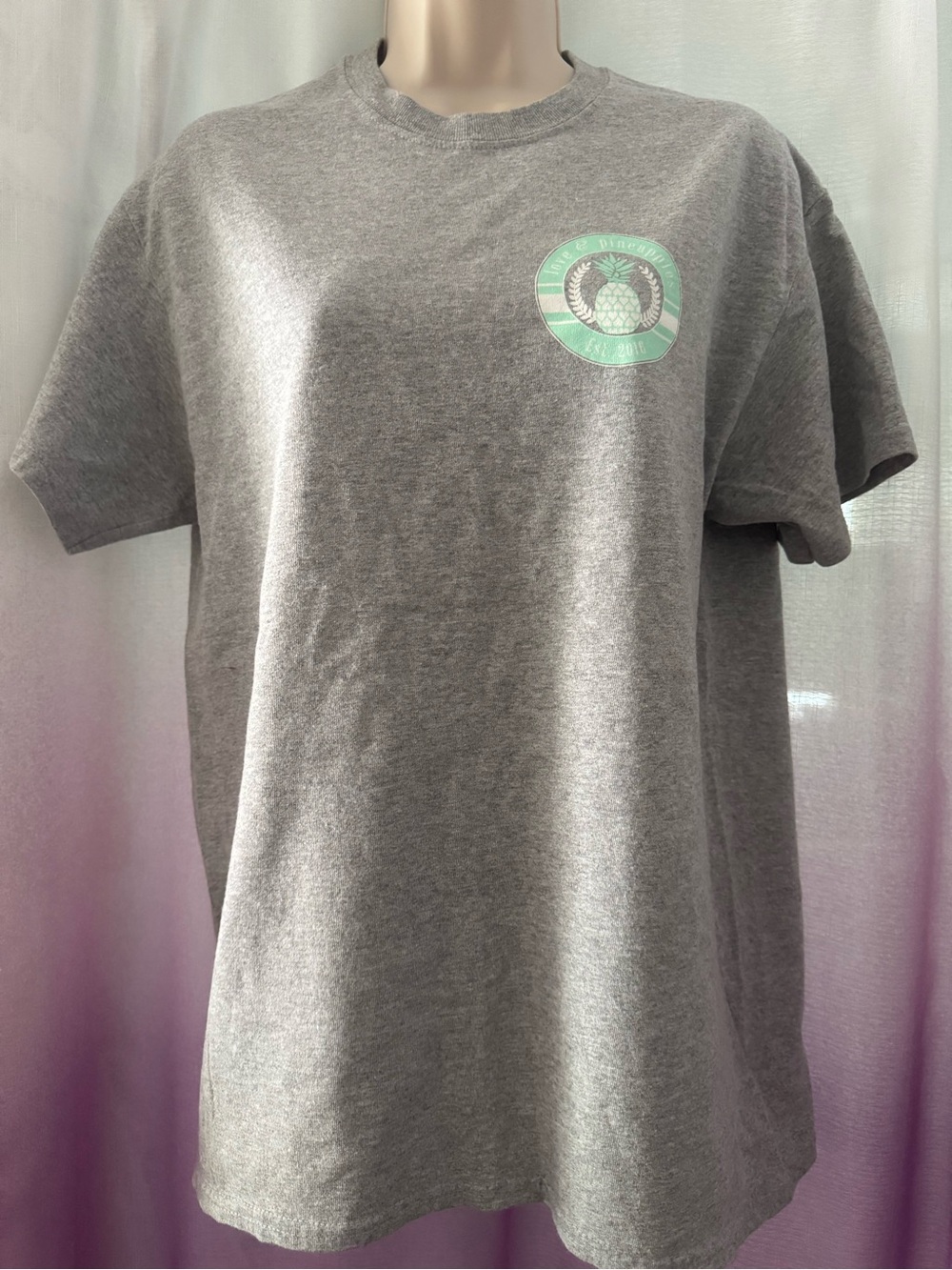 Gray Graphic Tee with Mint Green Emblem